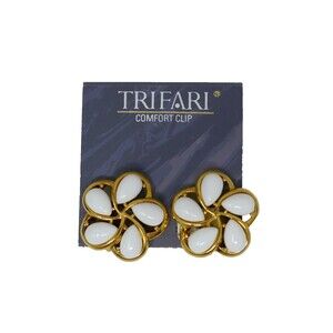 Trifari Goldtone White Cabochon Comfort Clip On Earrings